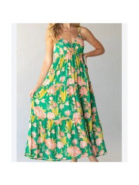 Natural Life Green Pink Floral Sleeveless Baby Doll Maxi Dress With Pockets  M